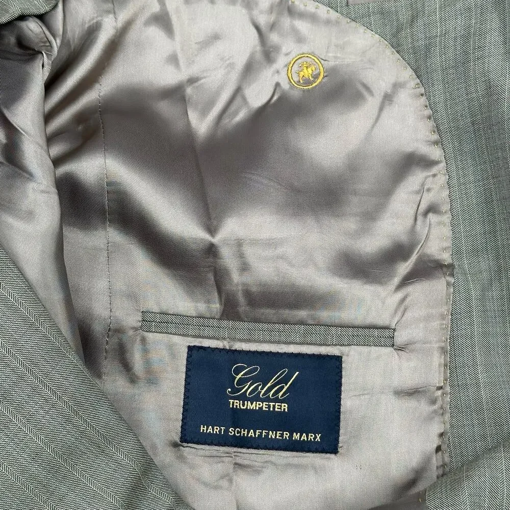 Hart Schaffner Marx Suit Jacket Men 44R Gray Taupe Pinstripe Gold Trumpeter Wool